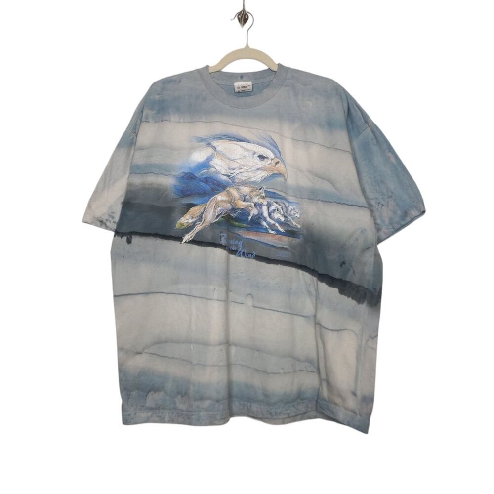 Vintage 90s Tie Dye Nature Eagle Wolves Oversized Shirt XXL Outdoors